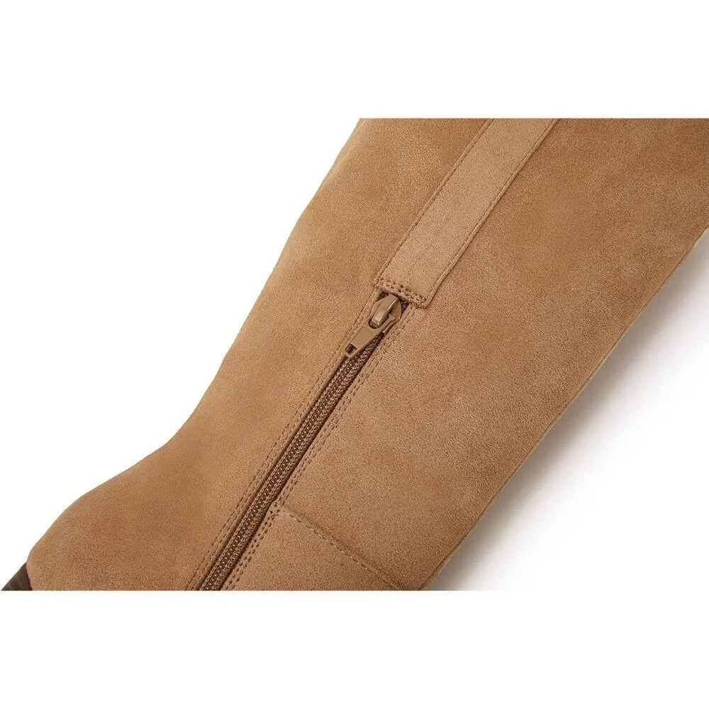 Womens Khaki Faux Suede Knee High Side Zipper Chunky Heel Winter Stretch Boots
